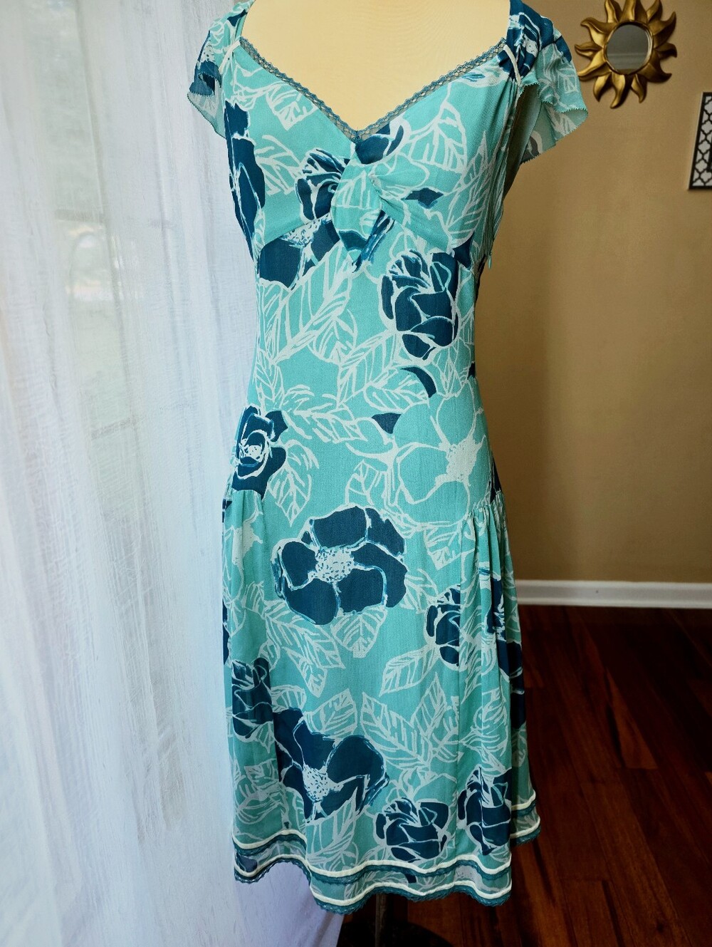 Anthropologie Odille Silk Floral Midi Dress Bow Flutter Sleeve Romantic Size 8